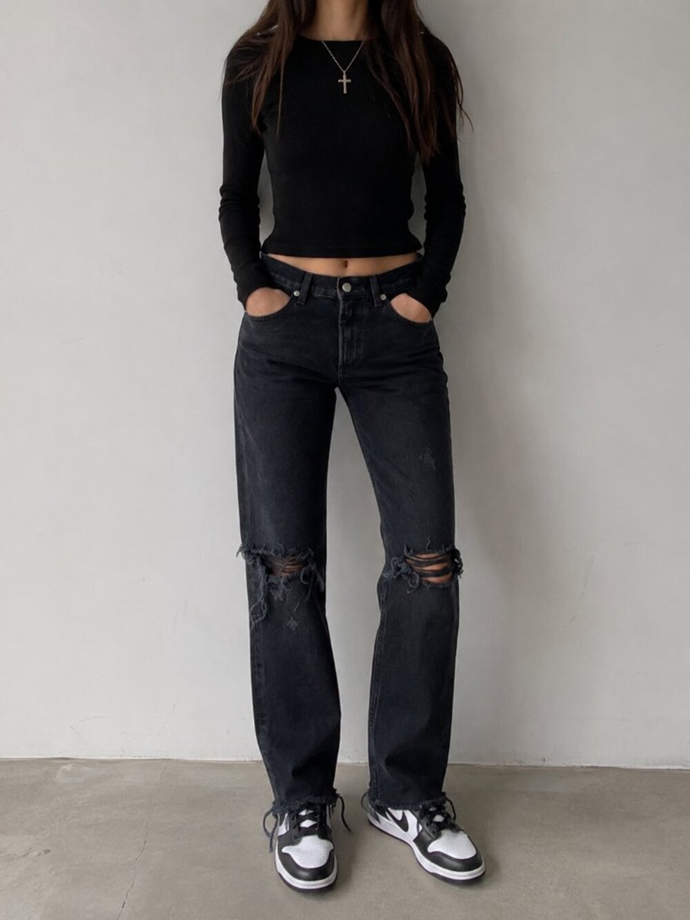 Agolde Distressed Womens Cherie Straight Jeans High Raise Black 25